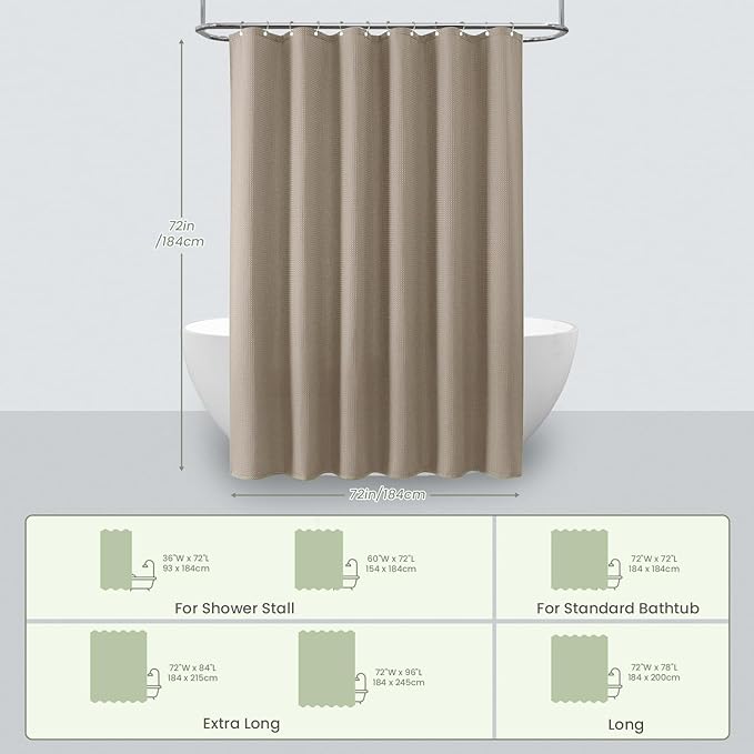 Inhousolu Fabric Shower Curtain Waffle Weave, 230 GSM Heavy Duty, Weighted Hem, 14 Metal Hooks, Water Repellent, Machine Washable, Hotel Spa Luxury Bath Curtain Set, 72 x 72 Inch, Beige