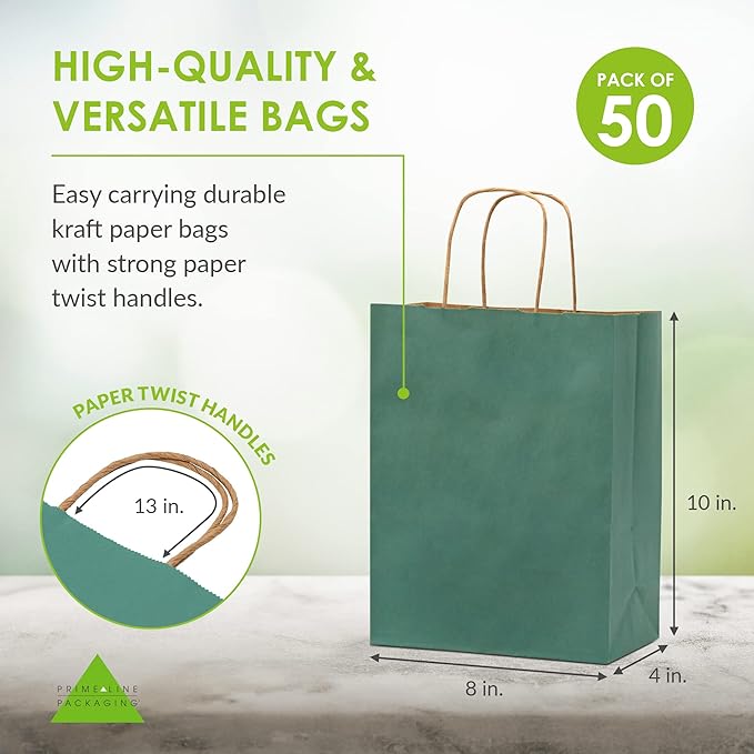 Prime Line Packaging Green Gift Bags, Small Paper Bags with Handles for Gifts, Holidays, Christmas, Party Favors, Shopping, Small Business, Bulk, 8x4x10, 50 Pack