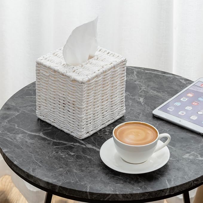 MyGift Decorative White Woven Square Tissue Box Holder with Easy Open Refill Bottom, Bathroom Decor Facial Tissues Cover with Sturdy Paper Rope Material