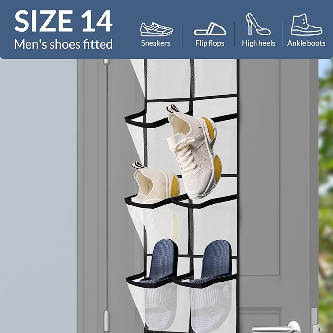 Makryebi Door Shoe Organizer with 14 Mesh Pockets, 59”H x 11.8”W inches, Clear Storage Pockets, 2 Pack, White