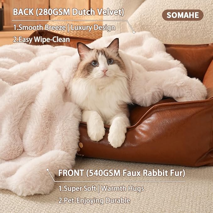 SOMAHE Self-Warming Cat Blanket for Indoor Cats & Small Dogs, Dual-Side Sherpa Plush Throw, Anti-Static Shared Couch Mat for Crate & Travel, Machine Washable No Shrink, 28x22 Inch White