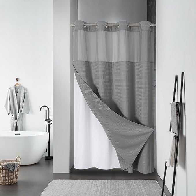 eachope Grey No Hook Waffle Weave Shower Curtain with snap-in Liner Replacement, 230GSM Waterproof Fabric Hotel Shower Curtain Set for Bathroom, Through Mesh Top Window,60Wx86H