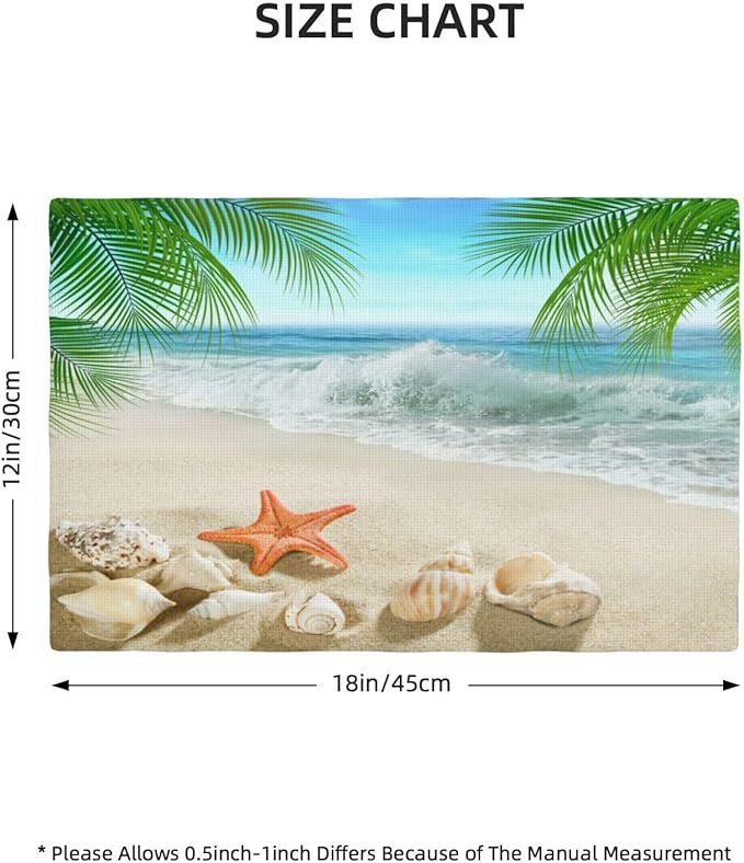 Starfish Beach Placemats, Leisure Summer Time Waves Tropical Palm Elm Sand Starfish Seashells Nautical Print Washable Fabric Placemats Table Kitchen Dining Party 12x18 Inch Set of 4