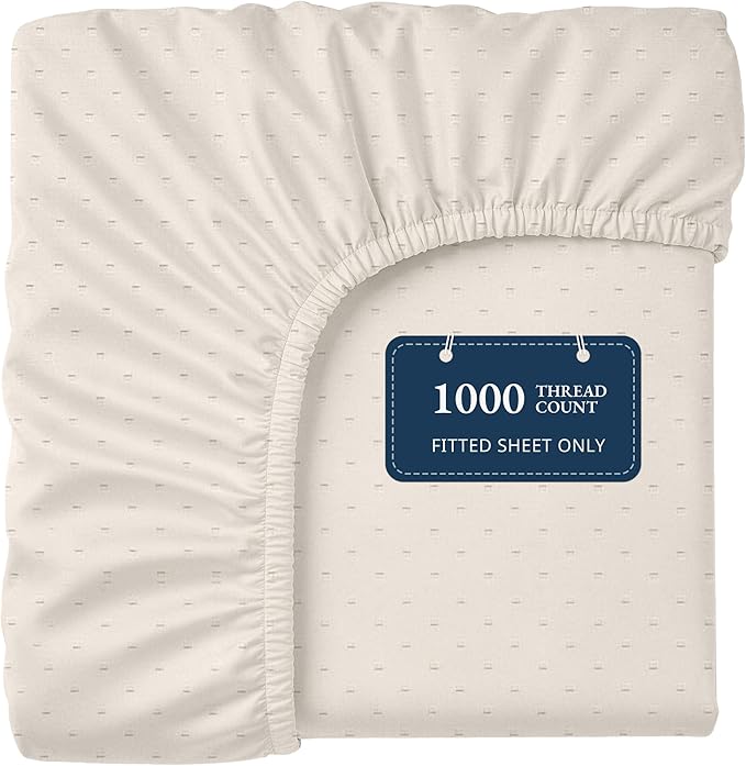 Lane Linen 100% Egyptian Cotton Queen Size Fitted Sheet Only (61"x81" + 16") - Elegant Sateen Weave, Ultra Soft, Breathable, Highly Durable, Deep Pockets Upto 17" - Swiss Dot Ivory
