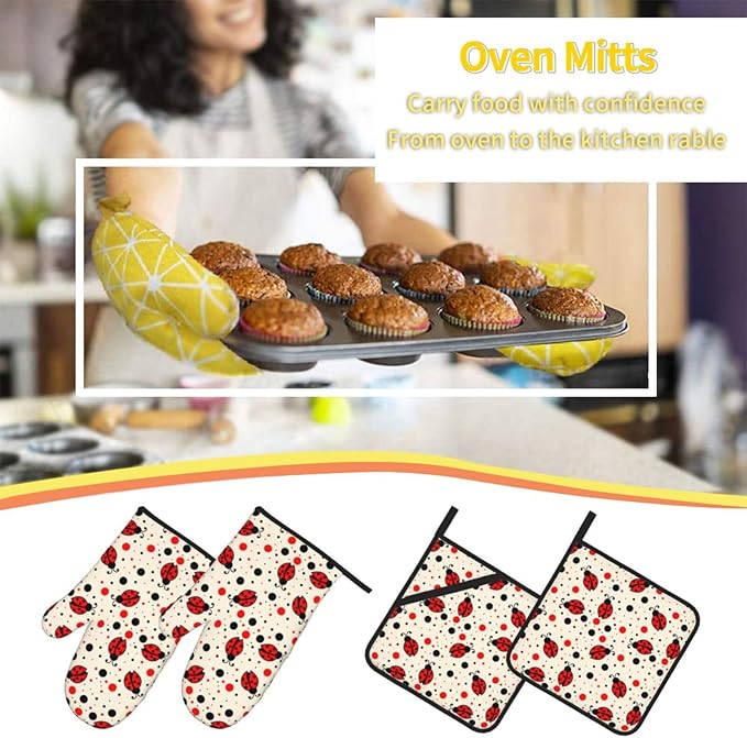 Ladybugs Oven Mitts and Pot Holders 4 Pcs Set Oven Gloves and Potholders for Cooking Microwave BBQ Baking Grilling