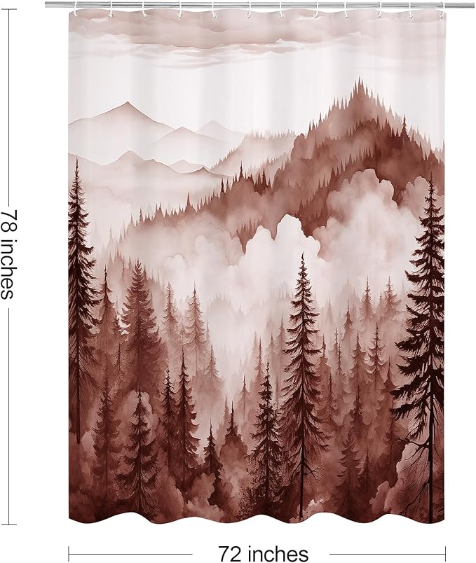 Litabel Burgundy Long Misty Pine Forest Shower Curtain 72 x 78, Mountain Foggy Woodland Scenery Tree 78 Inch Long Shower Curtains for Bathroom, Abstract Waterproof Nature-Themed Decor