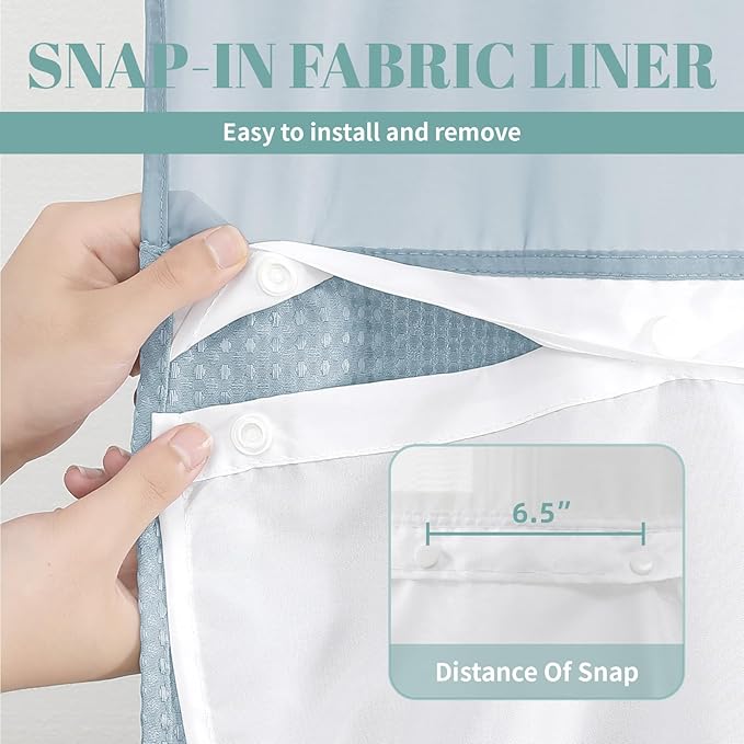 eachope Teal Extra Long No Hook Waffle Weave Shower Curtain with snap-in Liner Replacement, 230GSM Waterproof Fabric Hotel Shower Curtain Set for Bathroom, Through Mesh Top Window,71Wx86H