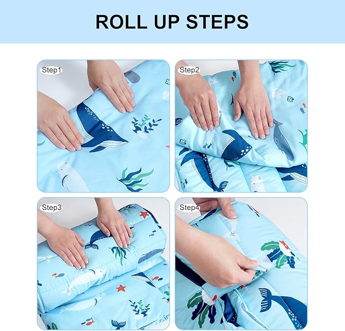 david's kids Toddler Nap Mat Set with Removable Pillow, Ultra Soft Slumber Bags for Boys Girls，Perfect for Preschool, Daycare, Kids Sleeping Bags with Rollup Design, 50"x20", Ocean Animals Light Blue