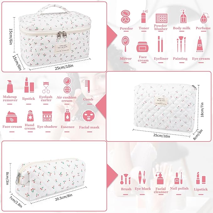 Gosect Large Makeup Bag Set, Quilted Makeup Bag, Floral Cosmetic Bag for Women, Cute Cotton Makeup Bags, Flower Travel Toiletry Organizer Bag (white)