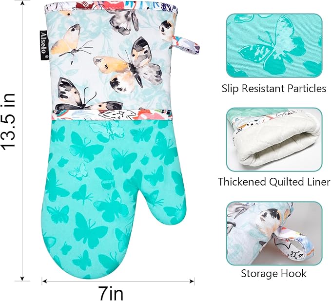 Oven Mitts, Heat Resistant with Soft Quilted Cotton Lining Set of 2, Fashion Design with Silicone Printing Anti-Slip Kitchen Gloves, Safe Backing Cooking Barbecue (Turquoise, Butterfly)