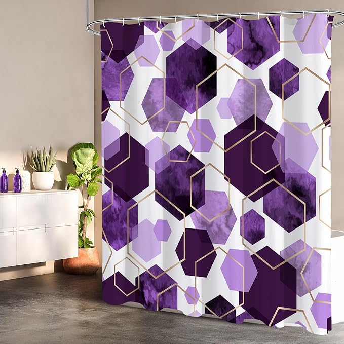 Litabel Modern Extra Long Shower Curtain for Bathroom, Purple Geometric Art Decor Waterproof Bath Curtain, Abstract Fabric Shower Curtain Sets for Home Decor, 72x84 Inch