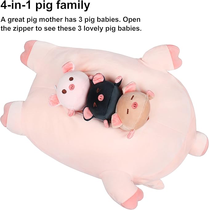 Achwishap Pig Stuffed Animal Mommy 19.6” with 3 Pig Babies Plush,4 PCS Cute Pig Plushie Pillow,Kawaii Plush Toys Soft Hugging Pillow for Kids Girls Boys Birthday Gifts for Valentines(Pink Pig Family)