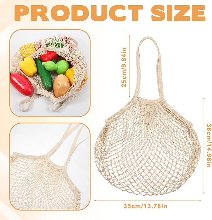 Xelsluthe 2 PCS Cotton Mesh Grocery Bags, Reusable Mesh Produce Net Bags, Long Handle String Shopping Tote Bag for Fruit Veggie Food Storage