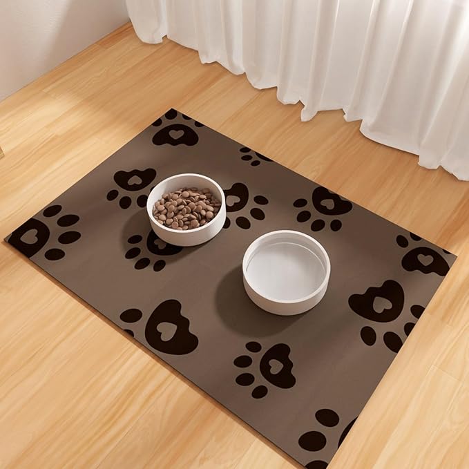 BLESWIN Pet Feeding Mats 16"x24", Water Absorbing Mat for Dog Bowl, Dog Dish Mats for Floors Waterproof, Non Slip Mat for Dogs, Pet Water Mat Protect Floor, Cat Mat for Food and Water, Brown