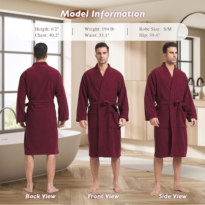 FashGudim Terry Cloth Robes for Men Big and Tall Short Mens Kimono Robe Super Absorbent Spa Bathrobe Calf Length With Pockets
