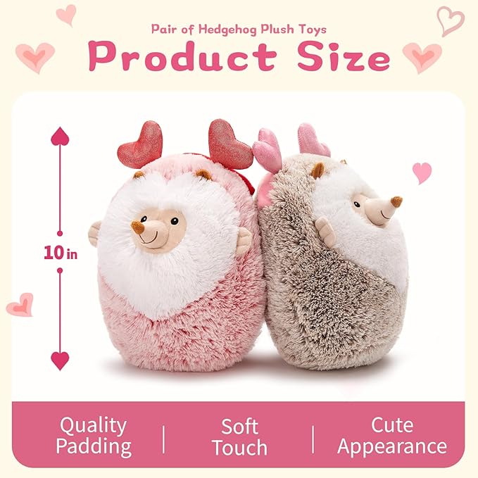 MaoGoLan Couple Valentines Hedgehogs Stuffed Animals with Heart Hair Band,2Pcs Soft Hedgehogs Throw Pillow Plush Toys, Love Heart Valentines Stuffed Animal Gift Decorations for Love Ones,14"