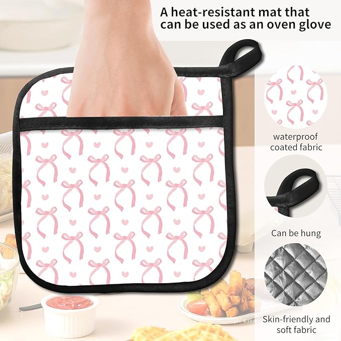 2 Pack Pot Holders for Kitchen Clearance, Cute Hot Pads, Funny Oven Pot Holders, Potholders Sets for Kitchen Heat Resistant Cute Pink Bowties