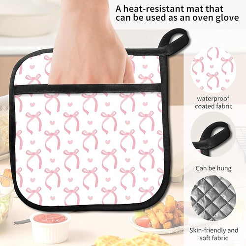 2 Pack Pot Holders for Kitchen Clearance, Cute Hot Pads, Funny Oven Pot Holders, Potholders Sets for Kitchen Heat Resistant Cute Pink Bowties