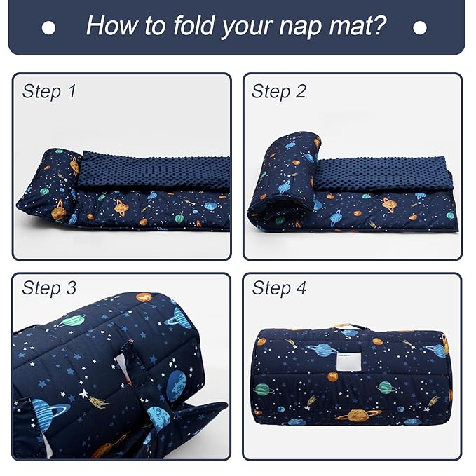 PHF Toddler Nap Mat with Removable Pillow and Minky Fleece Blanket, Rollup Design Warm Slumber Bags for Boys, 52"x20"x2" Kids Sleeping Bag for Daycare Preschool Travel Camping, Space