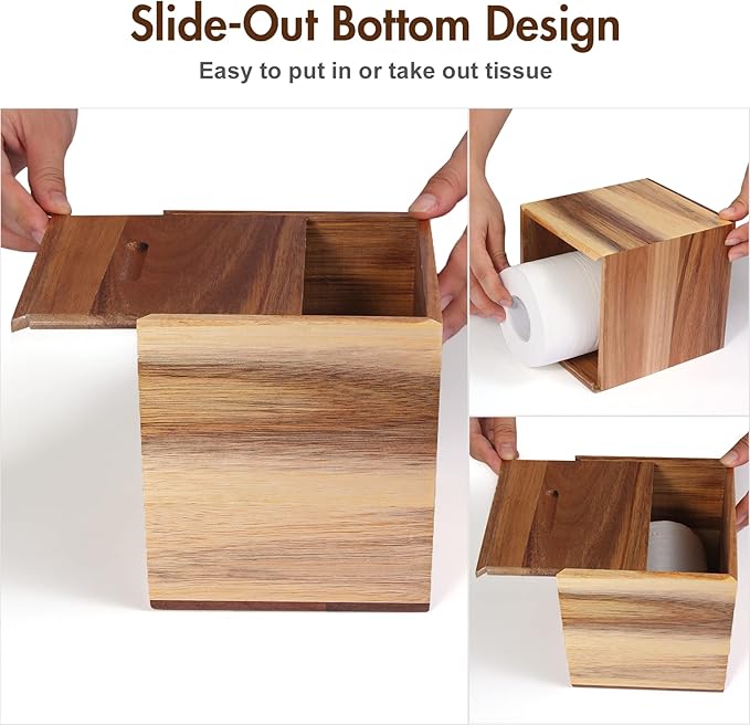 Reviaras Tissue Box Cover, Acacia Wood Square Tissue Box Holder with Slide-Out Bottom for Bathroom, Bedroom, Dinner Table, Office