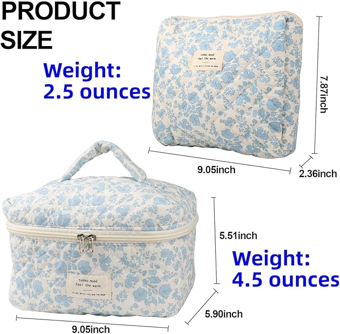 Fcteap Makeup Bag Travel Essentials Quilted Cosmetic Toiletry Pouch Organizer Insert for Women Dorm Room Essential Gift Large Capacity Opening Lightweight Cute Aesthetic Portable 2PCS (Flower)