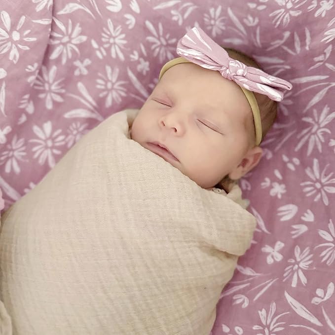 LifeTree Baby Swaddle Blanket and Bow Set, Mauve Floral Muslin Newborn Swaddle Set with Matching Headband Bow, Infant Receiving Blanket Wrap, 47 x 47 inches, 70% Viscose from Bamboo and 30% Cotton