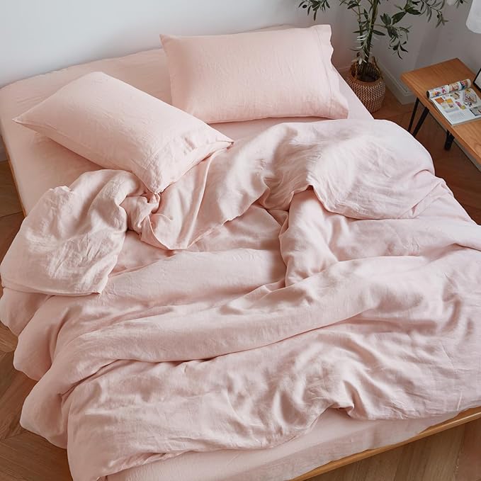 Sijo Stone Washed Organic French Linen Bed Sheet Set, GOTS Certified Organic, Best Cooling Linen Sheet Award by Sleep Foundation, 3 Piece - 2 Pillowcases and 1 Fitted Sheet (Blush, Full)
