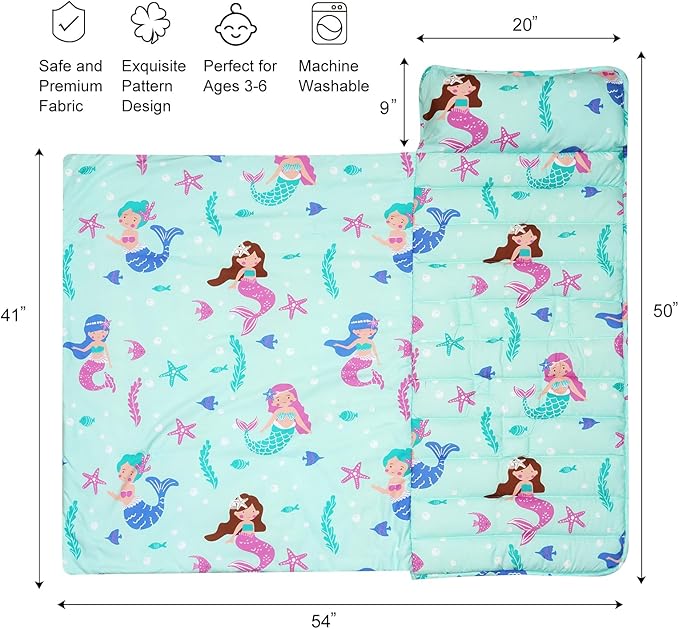 david's kids Toddler Nap Mat Set with Removable Pillow, Ultra Soft Slumber Bags for Boys Girls Neutral，Perfect for Preschool, Daycare, Kids Sleeping Bags with Rollup Design, 50"x20", Mermaid