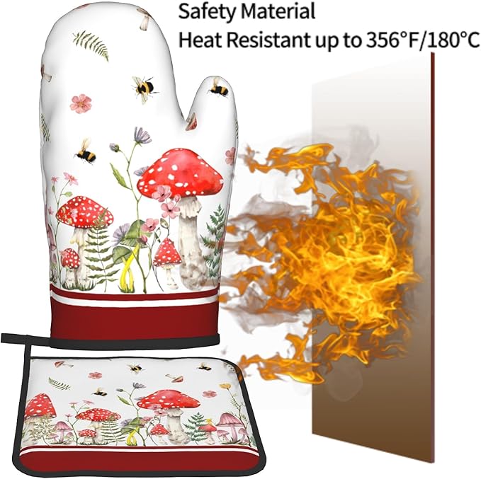 Mushroom Oven Mitts and Pot Holders Set of 2，Wildflower Botanical Heat Resistant Oven Gloves Funny Decorative Kitchen Hot Pads and Mitts for Chef Baking Cooking Grilling