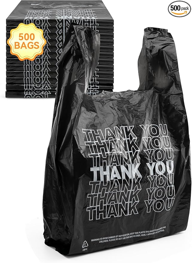 UMT Plastar 500 Count Thank You Plastic Bags, 12" x 6" x 22", 15 Mic Black Grocery Bags with Handles, Ideal for Restaurants, Retail, Grocery Stores, Takeout, Convenience Stores