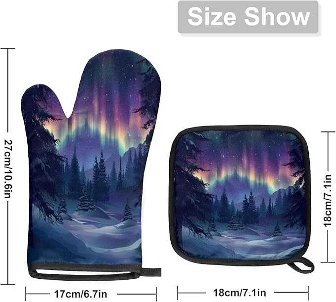 Northern Lights Oven Mitts and Pot Holder Set of 2, Kitchen Heat Insulation Pads Non-Slip Potholders Baking Gloves for BBQ Cooking Baking