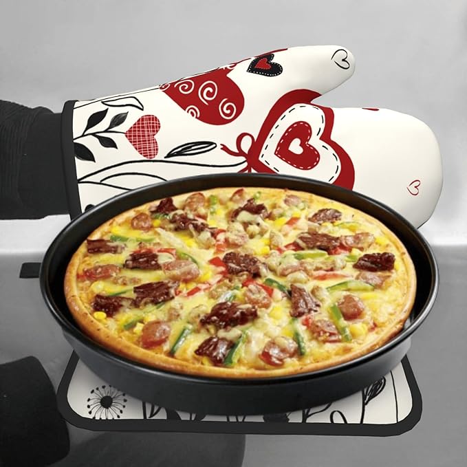 Black Red Love Hearts Oven Mitts and Pot Holders Sets 2Pcs Kitchen Accessories Multi-use Cooking Chef Oven Gloves Resistant Hot Pads for Women BBQ Cooking