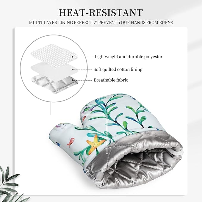 Silicone Oven Mitts and Pot Holders Sets, Home Ocean Turtle Jellyfish Seaweed Heat Resistant BBQ Gloves for Kitchen Baking Cooking Grilling Microwave
