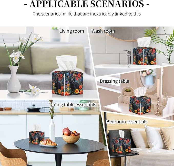 Colorful Florals Black Cat Tissue Box Cover Flower Daisy Square Leather Tissue Holder Decorative Facial Tissue Cube Paper Cover Case Organizer for Bathroom Night Stands Desk Tabletop Living Room Home