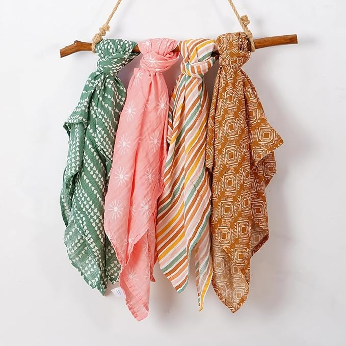 CoolaPeach 4 Set Muslin Swaddle Blankets for Newborn Baby Boys, Girls,Receiving Blankets-Cute Soft Print Baby Towel Wrap 120x110cm Baby(Leaf)