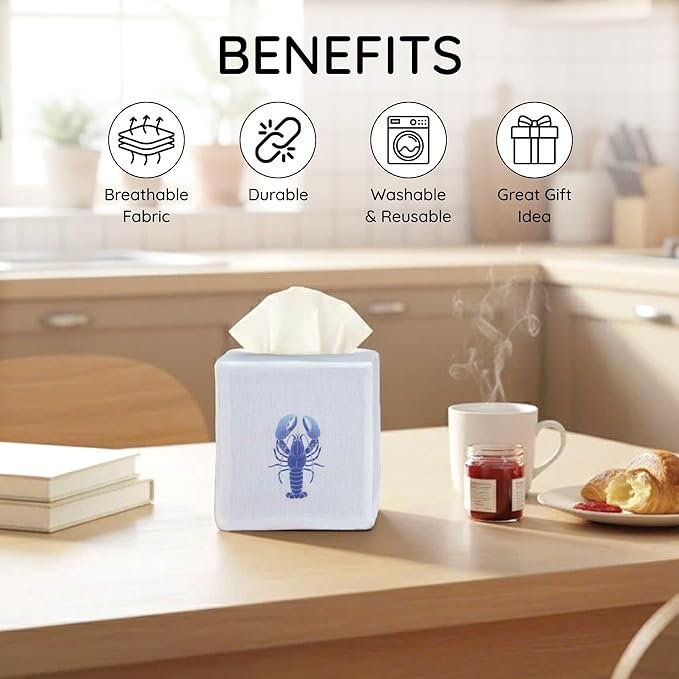 EmbroideryLinen.VN Tissue Box Cover Set of 2, Square Linen Tissue Holder, Printed Animal Pattern, 4.5x4.5x5.5 Inches, Decorative Holder for Bathroom, Living Room, Office (Lobster)