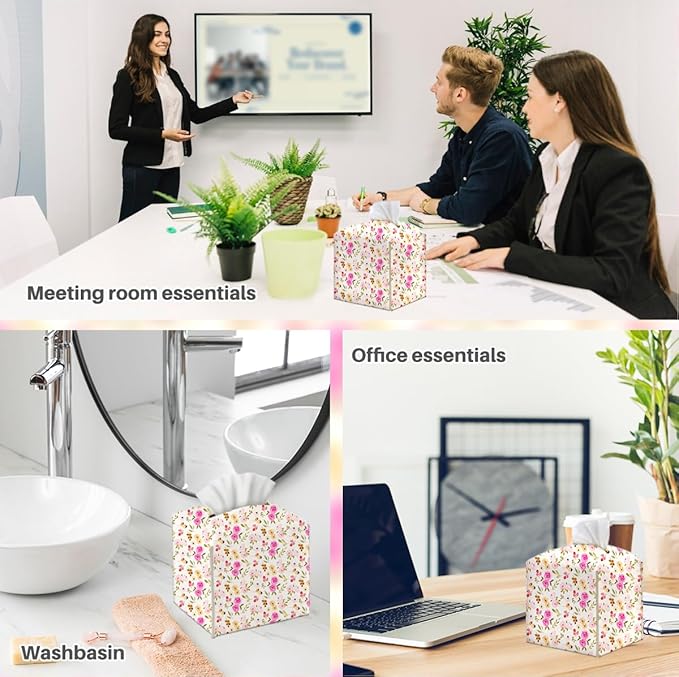 Tissue Box Cover, Tissue Box Holder, Square with Belt Bottom, PU Leather Decorative Organizer for Desk, Table, Countertop Bathroom, Toilet Car, Office, Dresser Bedside, Aesthetic Flowers Fruits Decor