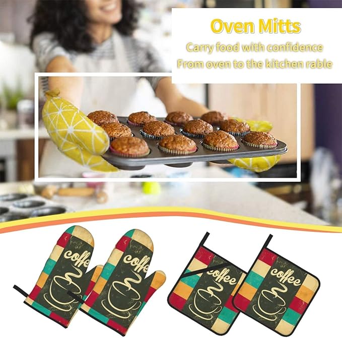 Vintage Coffee Oven Mitts and Pot Holders Set of 4, Oven Mittens and Potholders Heat Resistant Gloves for Kitchen Cooking Baking Grilling BBQ