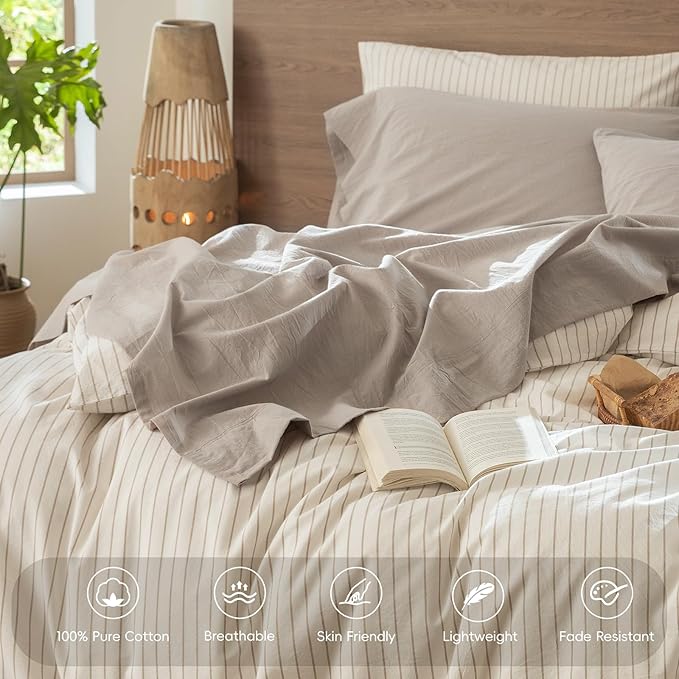 MooMee Bedding Sheet Set 100% Washed Cotton Linen Like Textured Breathable Durable Soft Comfy (Heathered Cream Grey, Split King)