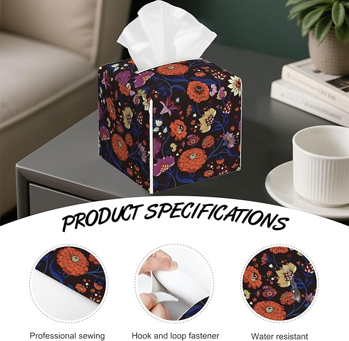 Vintage Paisley Floral Tissue Box Cover Square,Tissue Box Holder with Belt Bottom,Stylish Leather Napkin Holder for Vanity Countertop,Nightstands,Office Desk,5.2"×5.2"×5.2"