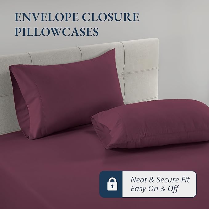 LANE LINEN Twin XL Fitted Sheet, 100% Organic Cotton 2-Piece Set (1 Fitted Sheet, 1 Pillowcase), Percale Weave, Soft, Breathable, Fits Mattress Upto 15" Deep - Windsor Wine (No Flat Sheet)