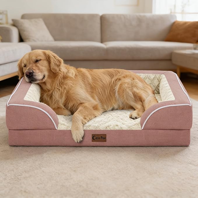 Casa Paw Orthopedic Dog Beds for Large Sized Dogs, Waterproof Memory Foam Large Pet Bed with Sides 36x27Inch, Non-Slip and Egg-Crate Foam Big Dog Couch Bed with Removable Washable Cover, Pink