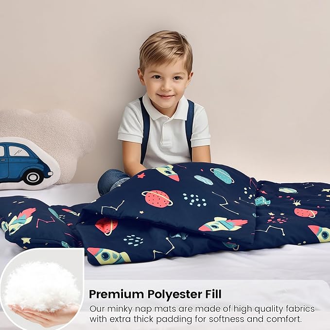 david's kids Toddler Nap Mat Set with Removable Pillow, Ultra Soft Slumber Bags for Boys Girls，Perfect for Preschool, Daycare, Kids Sleeping Bags with Rollup Design, 50"x20", Space & Star
