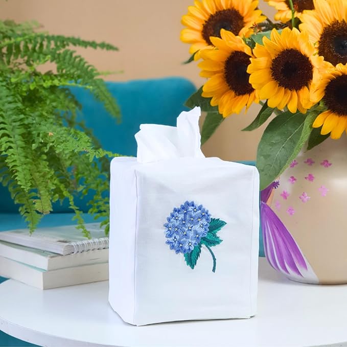 Fabric Tissue Box Cover Set of 2, Vintage Floral Embroidery Hydrangea Tissue Holder, Bouquet Wrapping Bag, Car Tissue Holder, Tissues Box Cover Square 4.5"X4.5"X5.5", White Square Tissue Box Cover