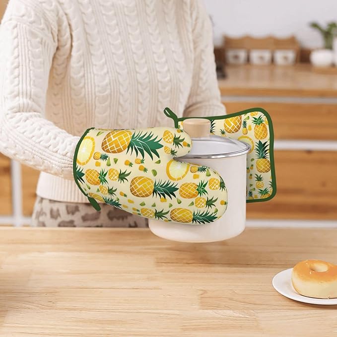 Oven Mitts and Potholders Funny Pineapple Silicone Glove Heat Resistant, Kitchen Gloves for Cooking, 2-Piece Set