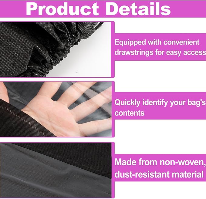 Bgtecho 12 Pcs Shoe Bags for Travel, Dust Bags for Handbags, Dustproof Drawstring Bags in 4 Size, Breathable Non Woven Fabric Storage Bag for Handbags Shoes Purses, Black