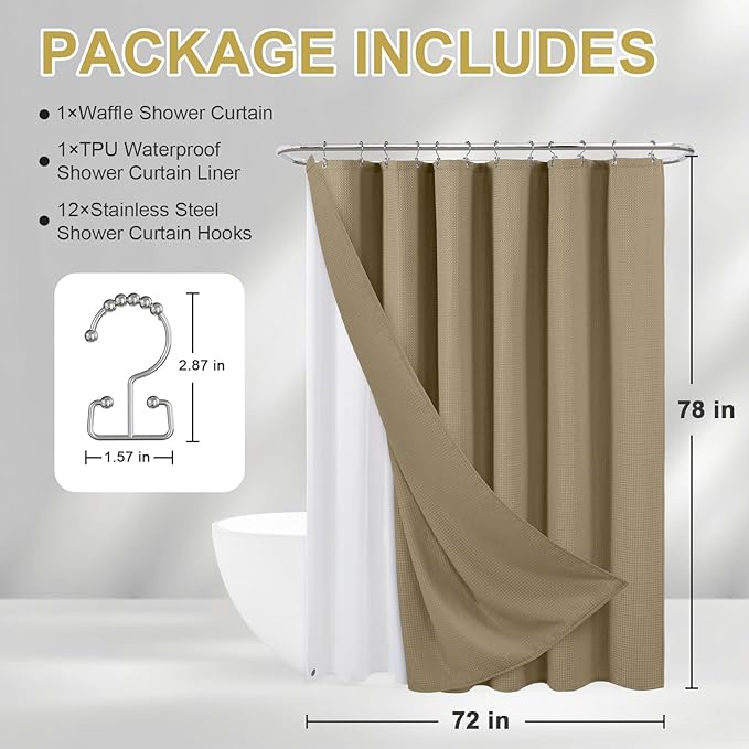 ROLIZOE 3-in-1 Waffle Texture Shower Curtain Set with TPU-Coated Waterproof Liner and 12 Upgraded Double-Sided Hooks, Well-Matched Sizes for a Seamless Fit – Khaki, 72" x 78"