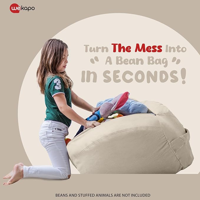 WEKAPO Stuffed Animal Storage Bean Bag Chair Cover for Kids | Stuffable Zipper Beanbag for Organizing Children Plush Toys Large Premium Cotton Canvas (Almond Oil, X-Large)
