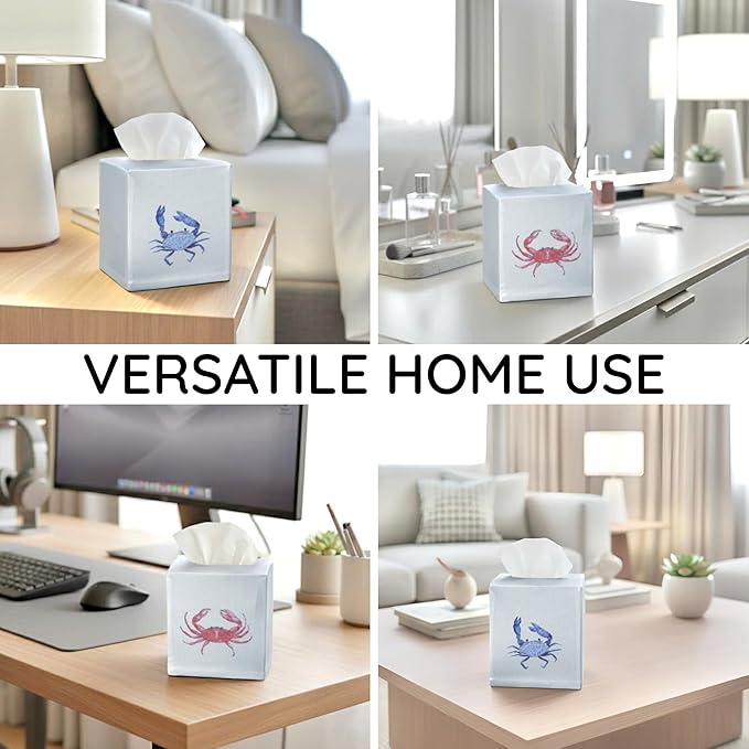 EmbroideryLinen.VN Tissue Box Cover Set of 2, Square Cotton Tissue Holder, Printed Animal Pattern, 4.5x4.5x5.5 Inches, Decorative Holder for Bathroom, Living Room, Office (Blue & Red Crab)