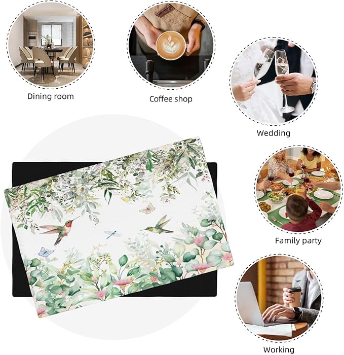 Natural Bird Placemats, Green Spring Watercolour Botanical Flower Butterfly Hummingbird Fly Print Washable Fabric Placemats Table Kitchen Dining Party 12x18 Inch Set of 4